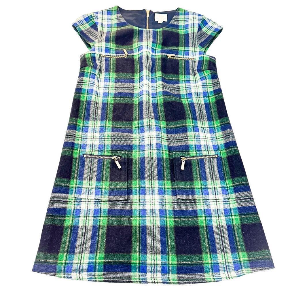 Julie Brown NYC Green Tartan Plaid Patterned Wool Shift Dress Zippers Size 6